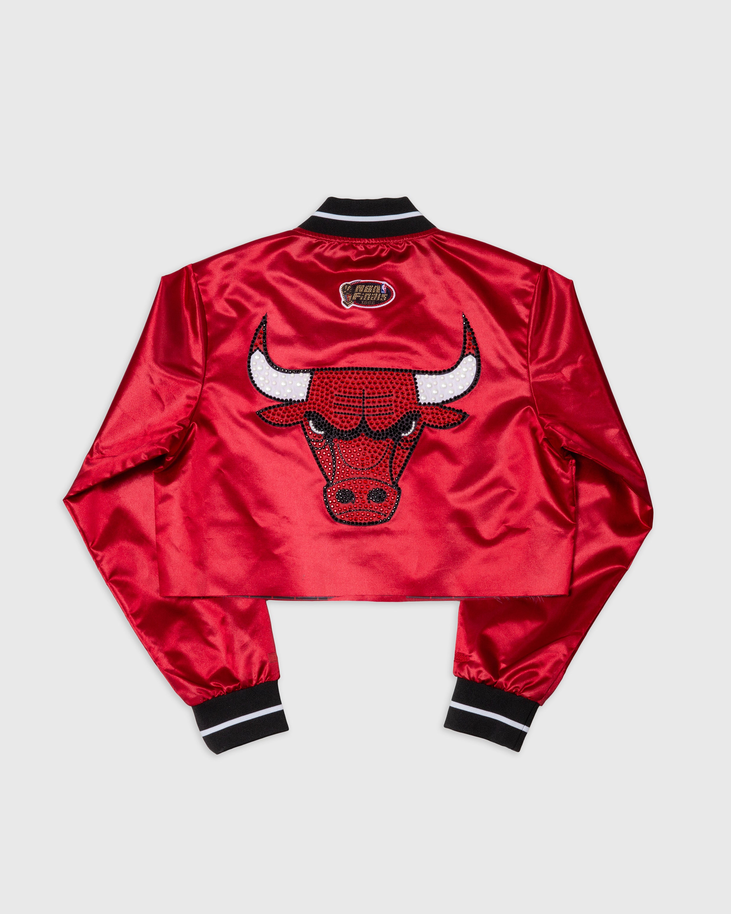 Chicago Bulls Red Boxy Crop Rhinestone Satin Jacket