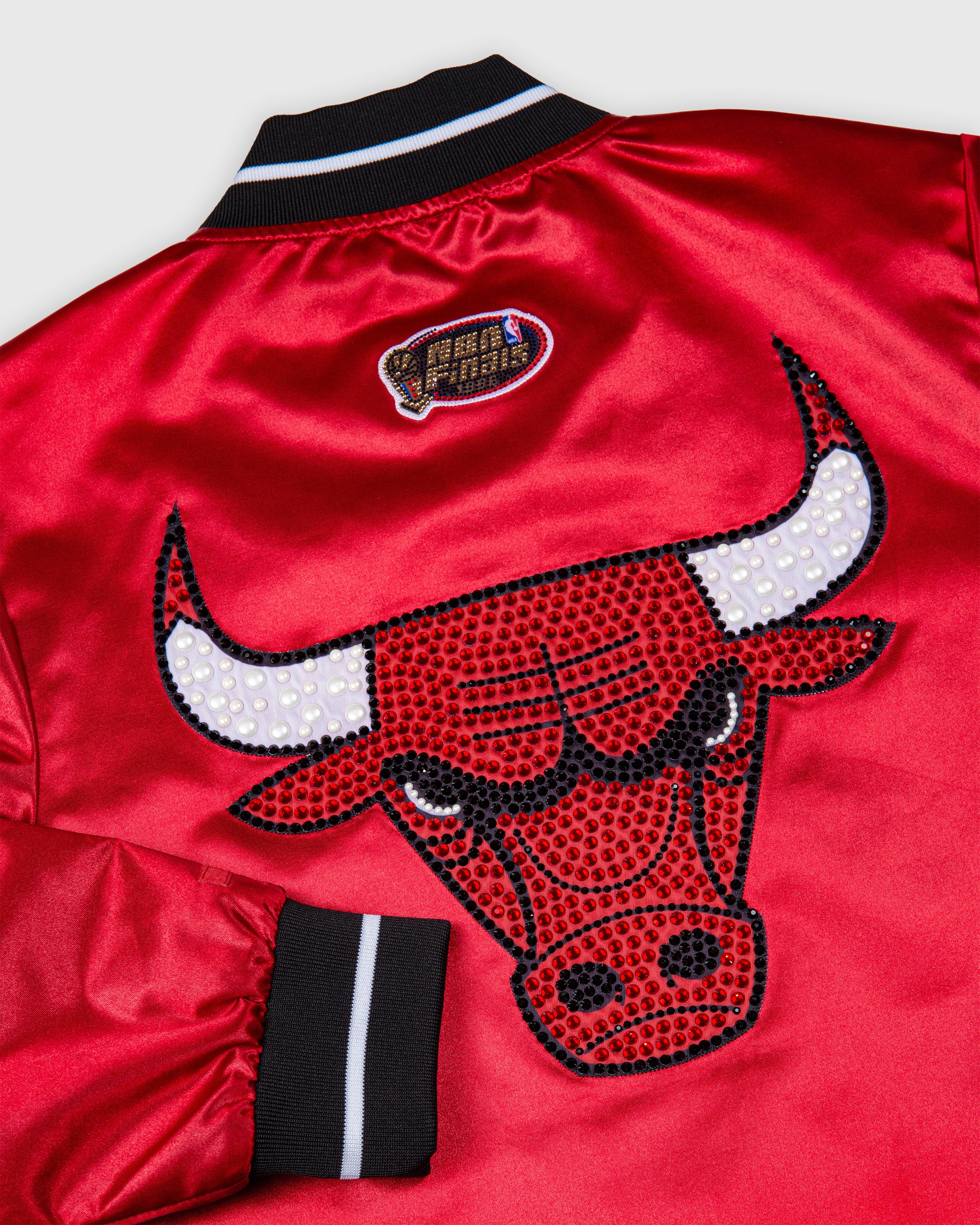 Chicago Bulls Red Boxy Crop Rhinestone Satin Jacket