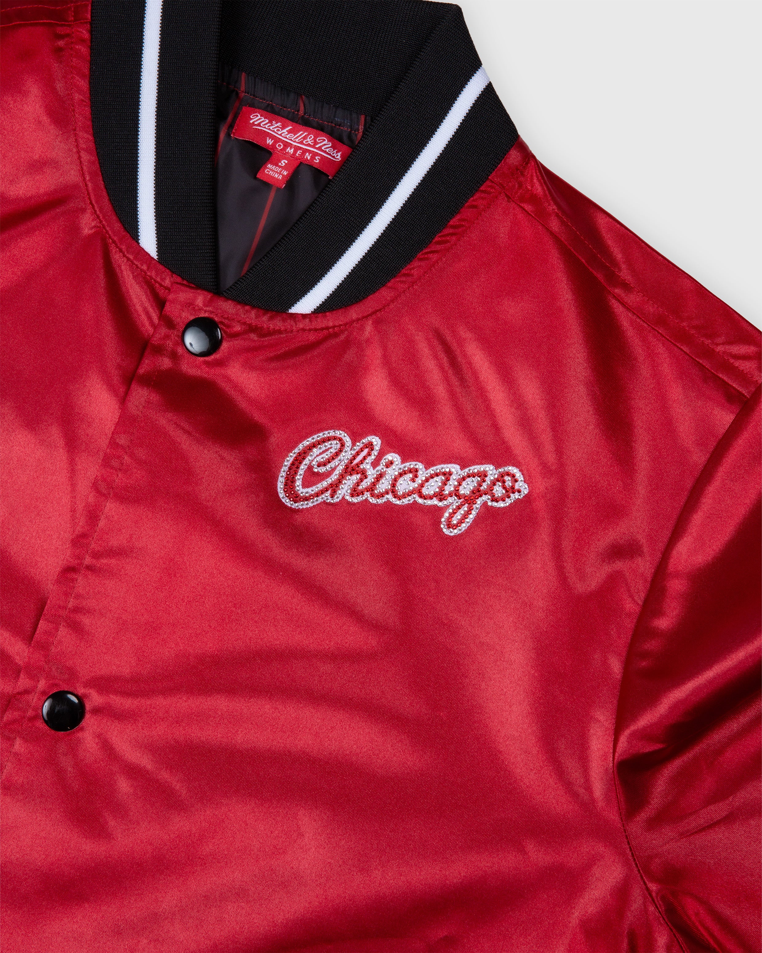 Chicago Bulls Red Boxy Crop Rhinestone Satin Jacket