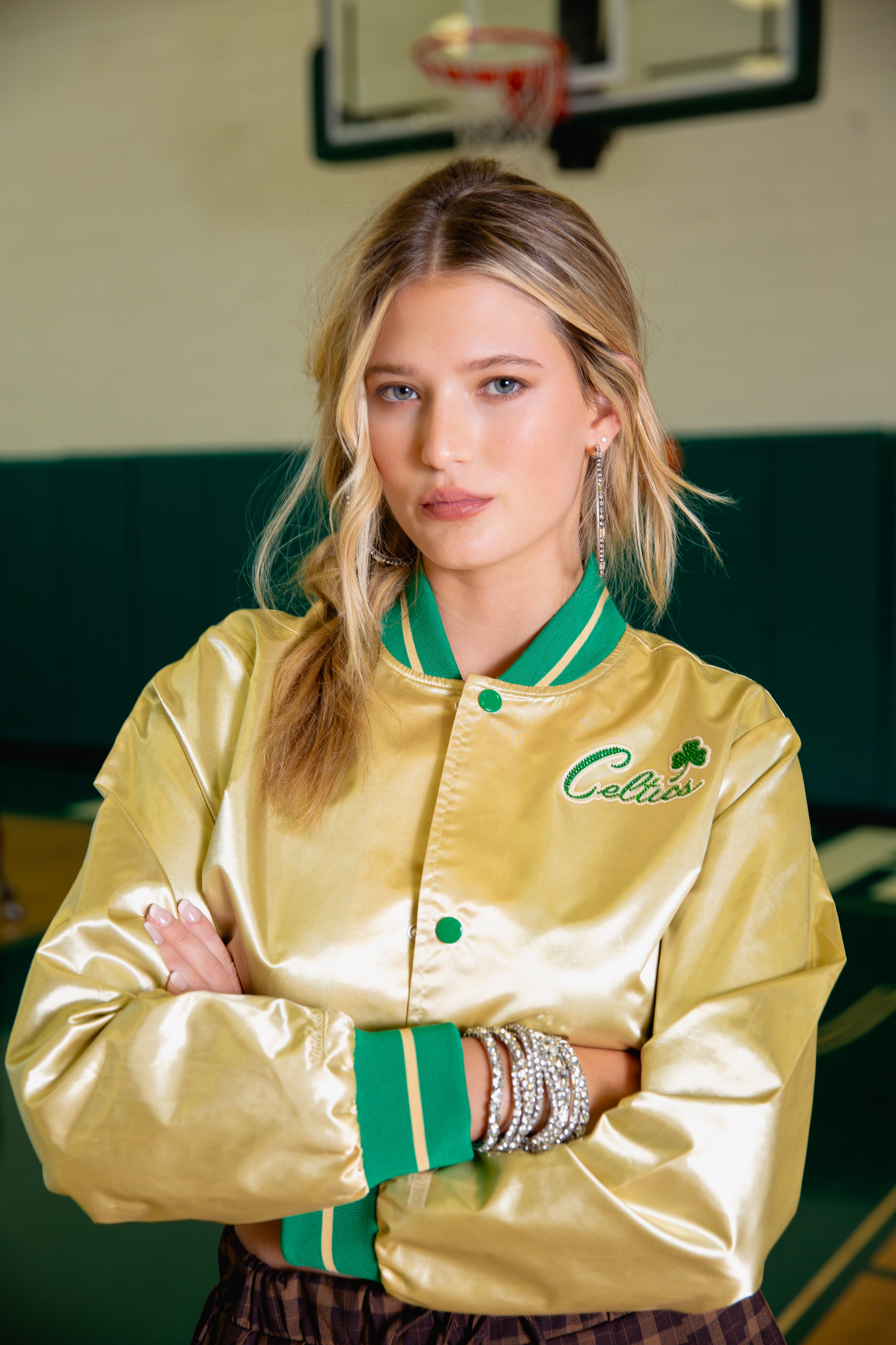 Boston Celtics Gold Boxy Crop Rhinestone Satin Jacket