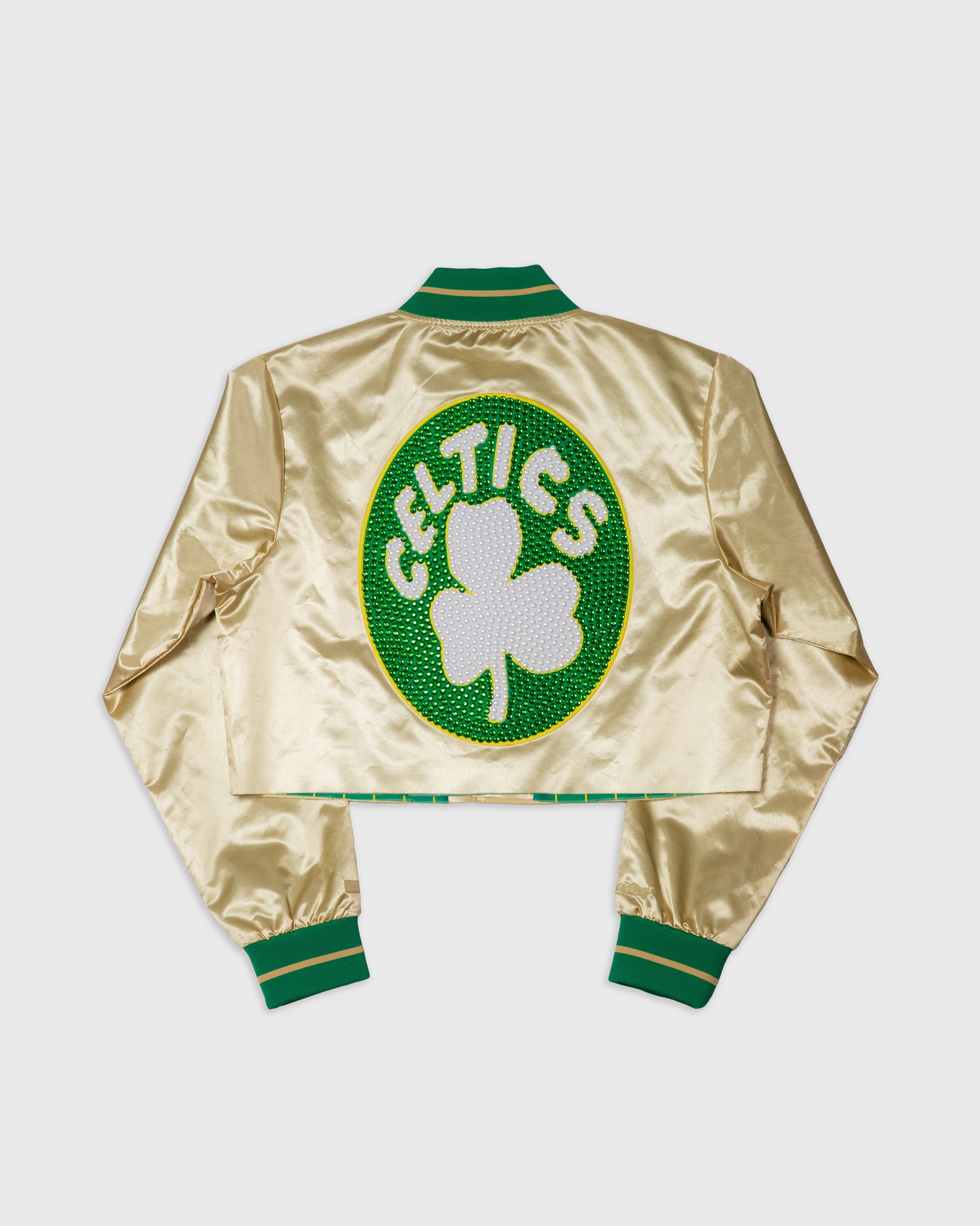 Boston Celtics Gold Boxy Crop Rhinestone Satin Jacket