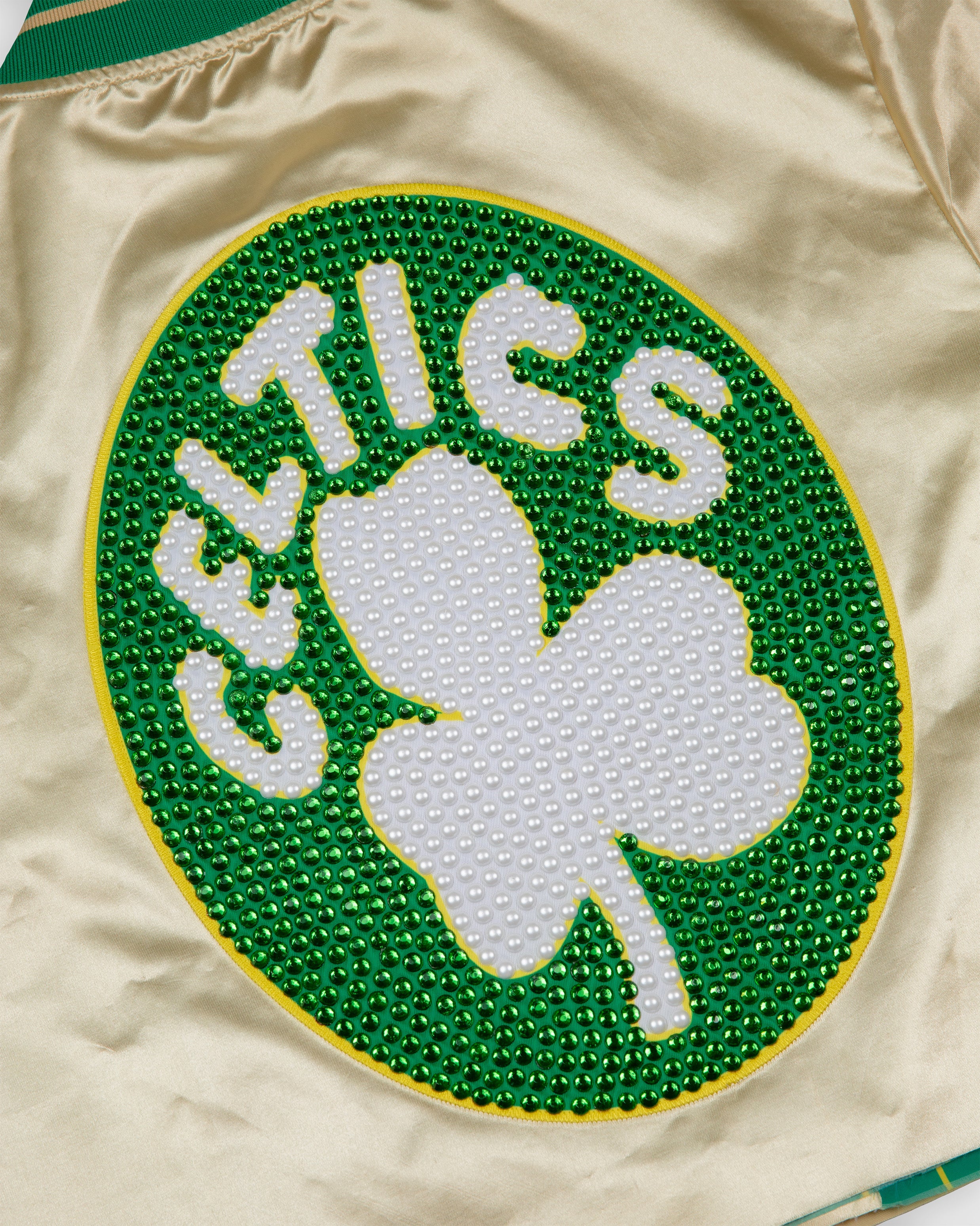 Boston Celtics Gold Boxy Crop Rhinestone Satin Jacket