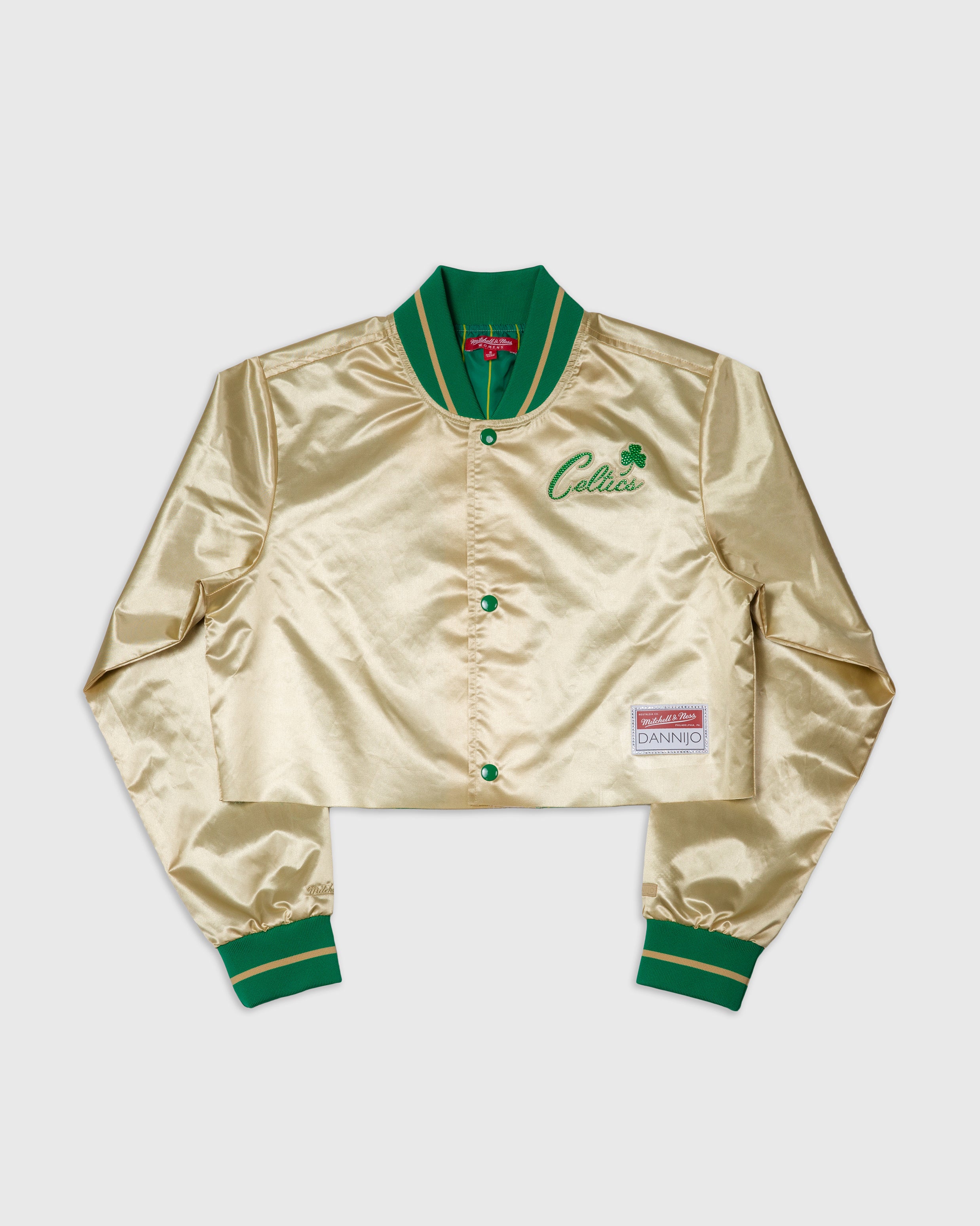 Boston Celtics Gold Boxy Crop Rhinestone Satin Jacket