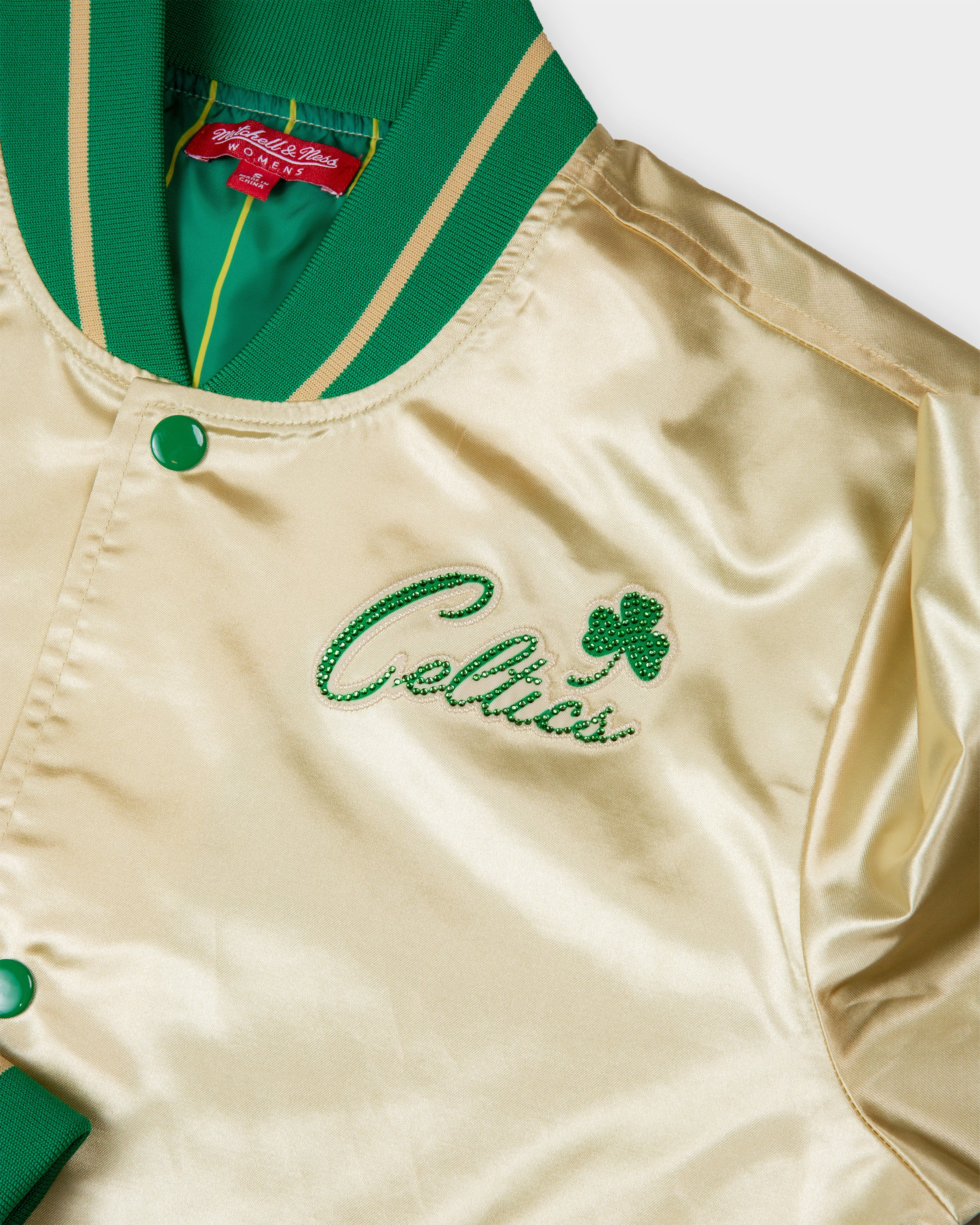 Boston Celtics Gold Boxy Crop Rhinestone Satin Jacket