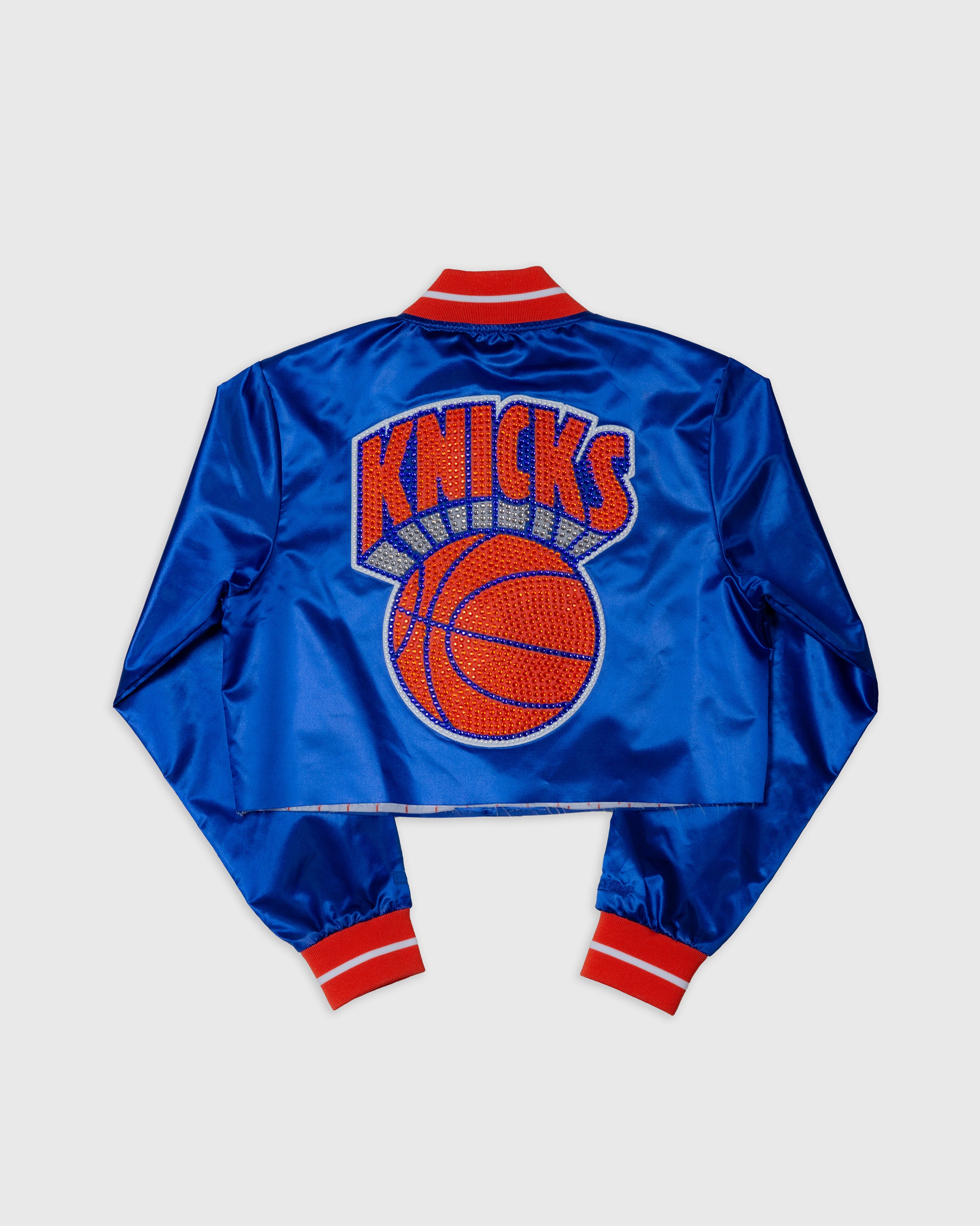 New York Knicks Blue Boxy Crop Rhinestone Satin Jacket