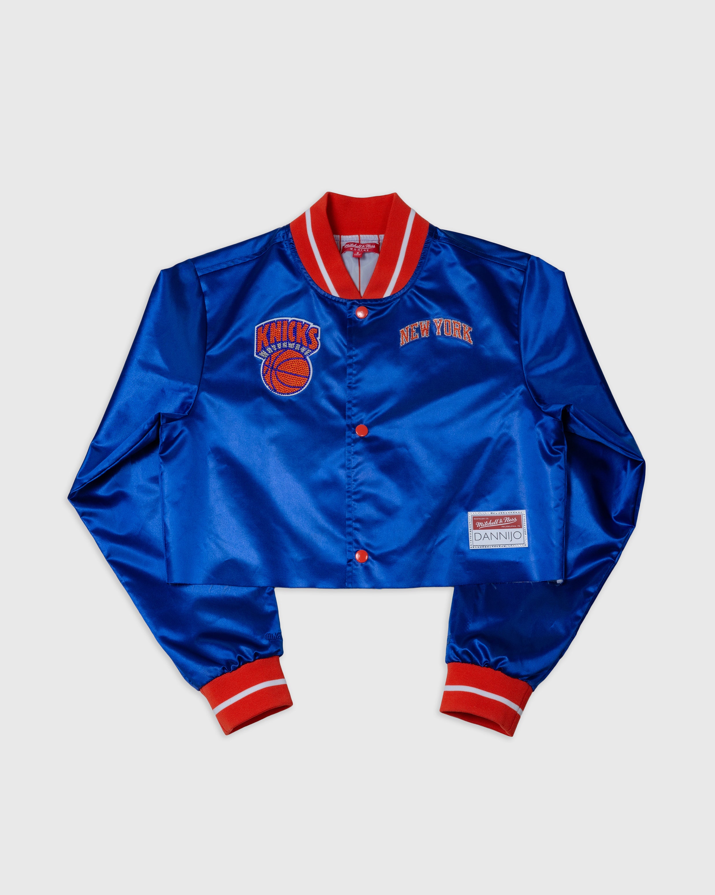 New York Knicks Blue Boxy Crop Rhinestone Satin Jacket