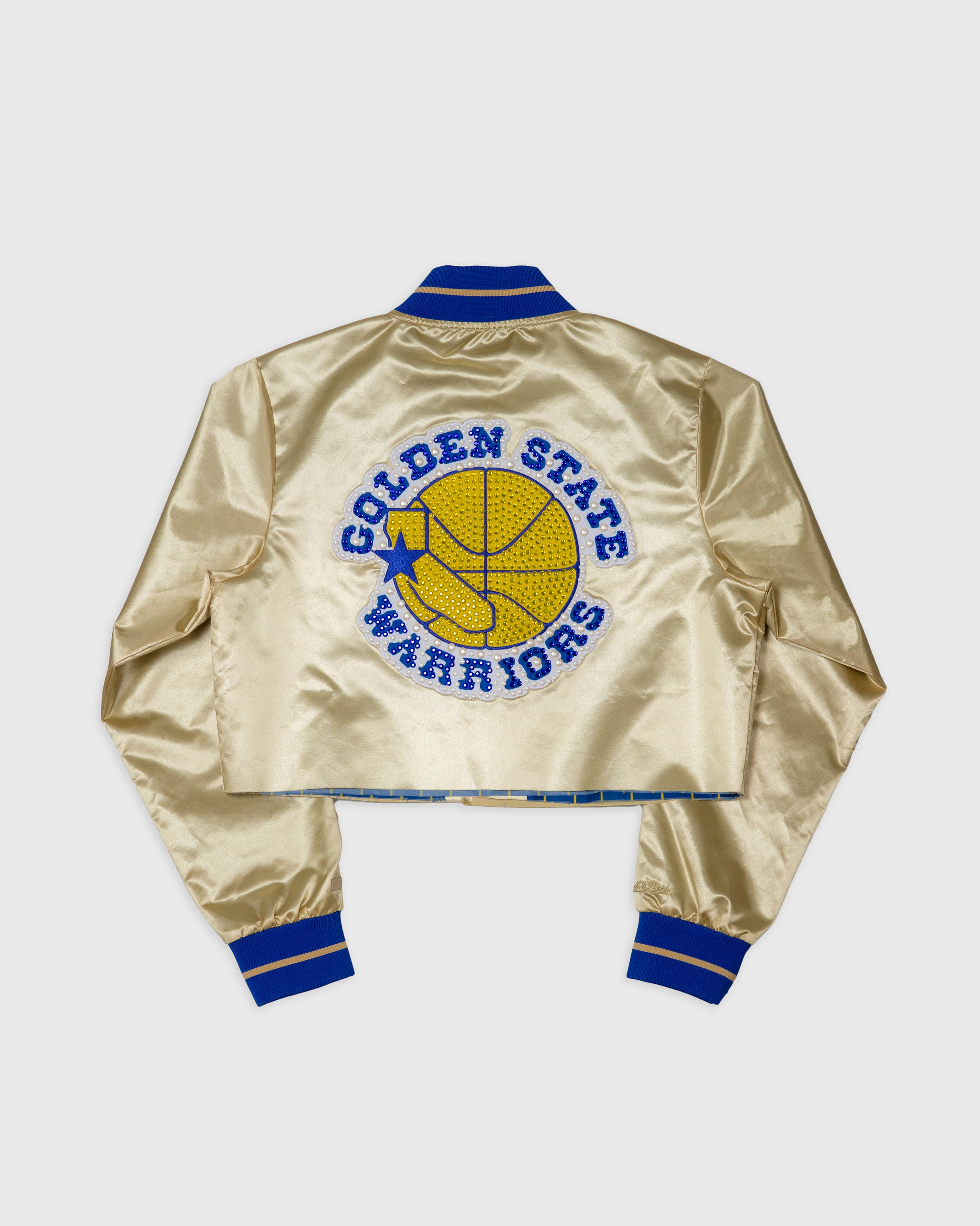 Golden State Warriors Gold Boxy Crop Rhinestone Satin Jacket