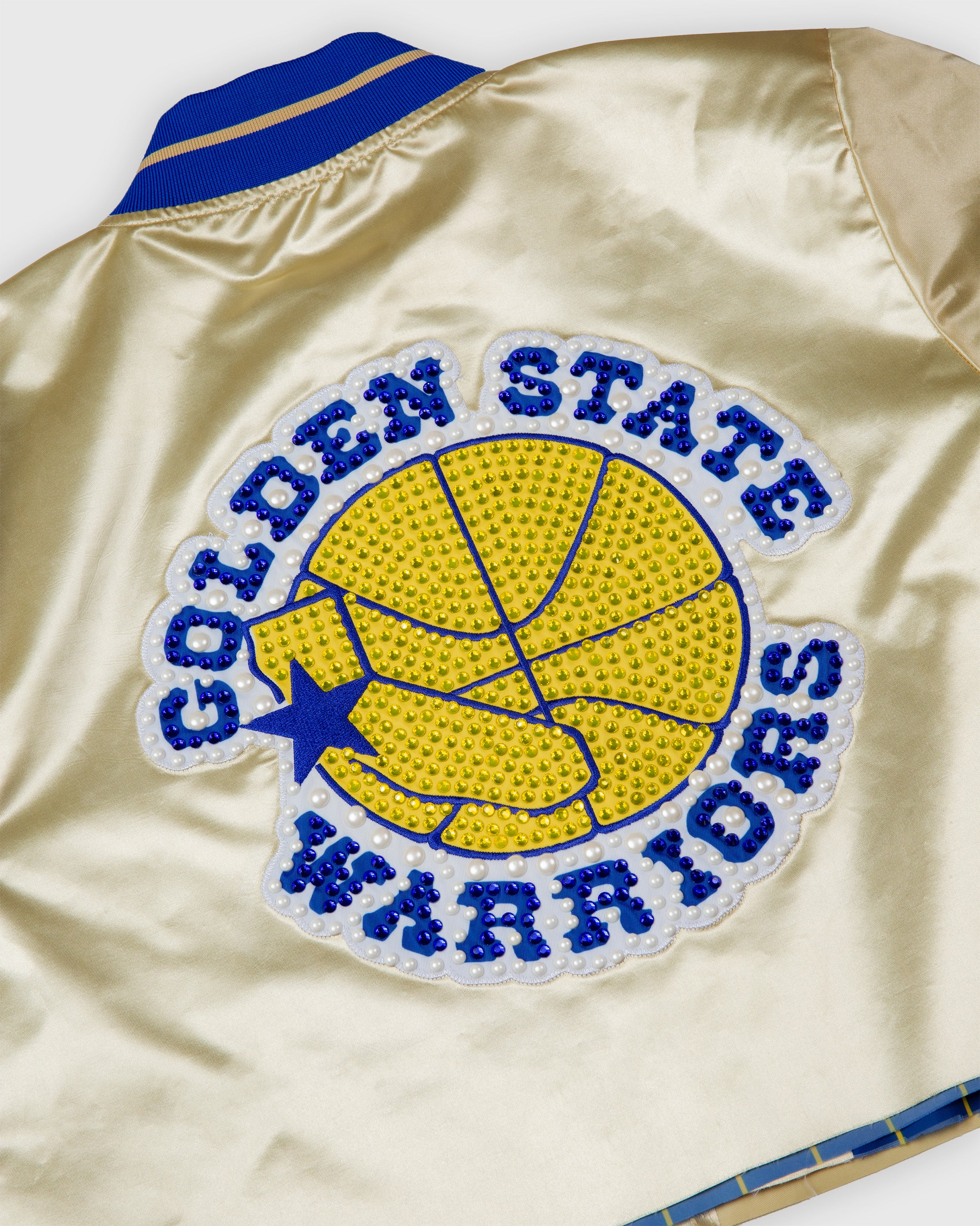 Golden State Warriors Gold Boxy Crop Rhinestone Satin Jacket