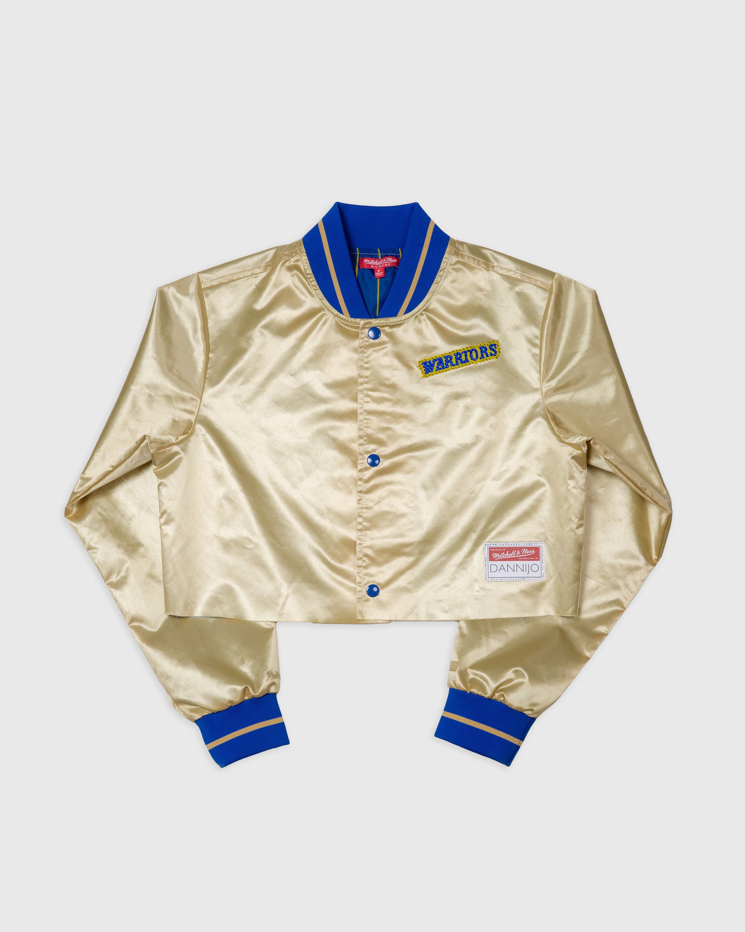 Golden State Warriors Gold Boxy Crop Rhinestone Satin Jacket